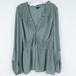 Torrid Peplum Lace Mix Blouse Womens 2X‎ Dark Forest Sheer Romantic Feminine